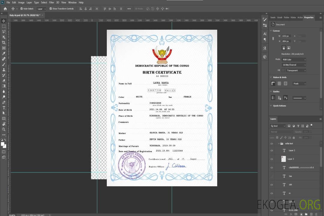 Modèle PSD de certificat de naissance de l'état civil de la République démocratique du Congo template